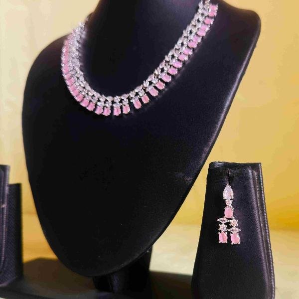 Rhodium Plated Rose Pink Diamond Necklace